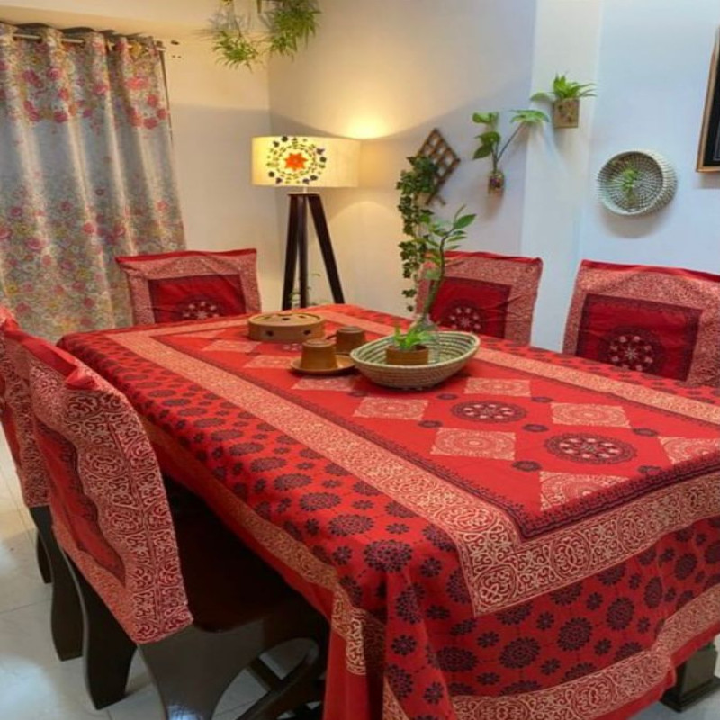 Red Block Print Table Cloth